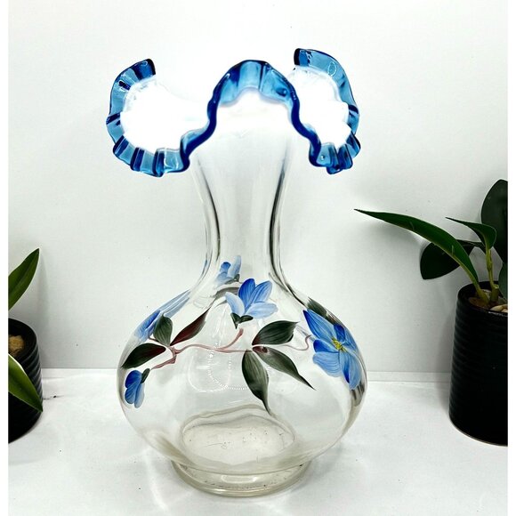 Fenton Blue Floral • Opalescent Rib Base Ruffled Aqua Crest Vase Signed - Picture 7 of 9